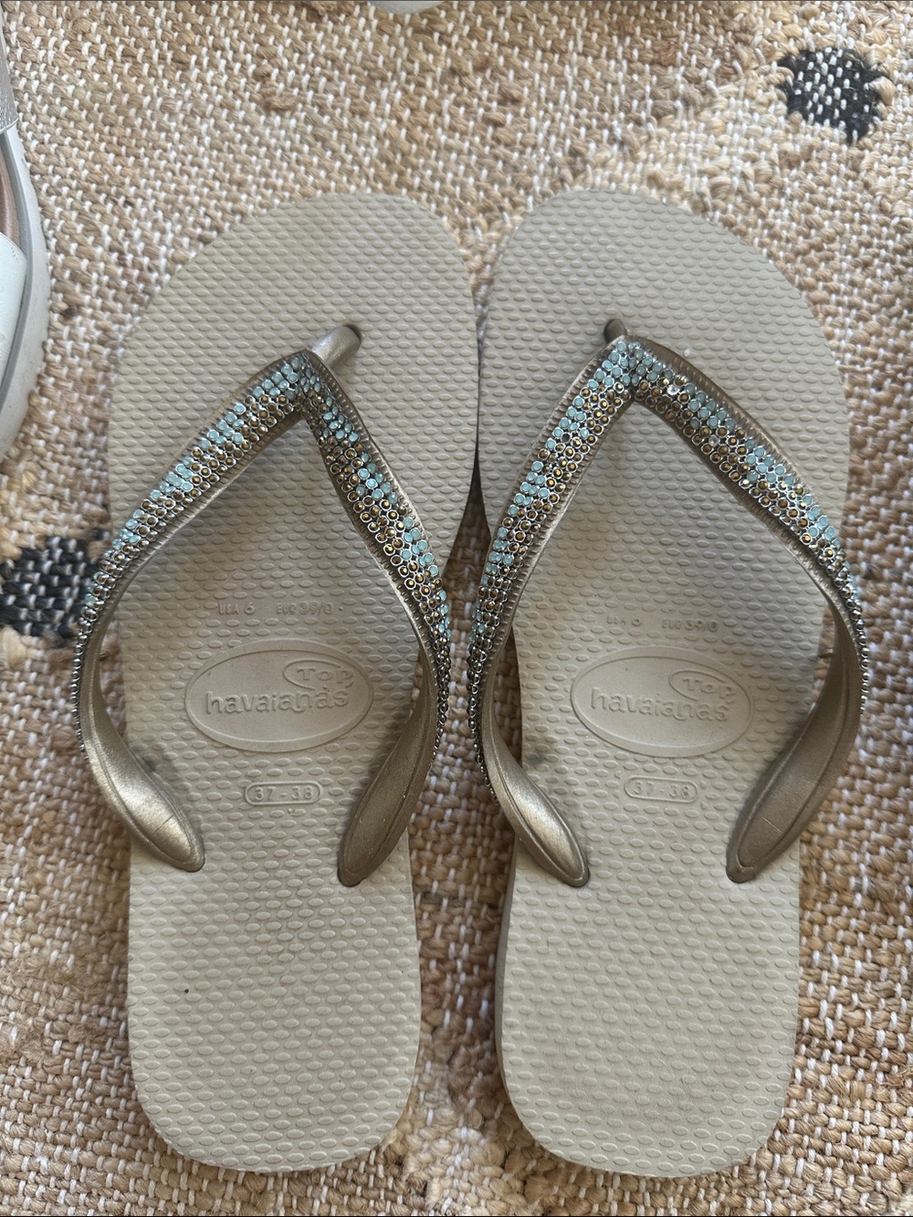 Havaianas Women's Beige Flip Flops with Gold Straps and Blue Sequin Detail Beade